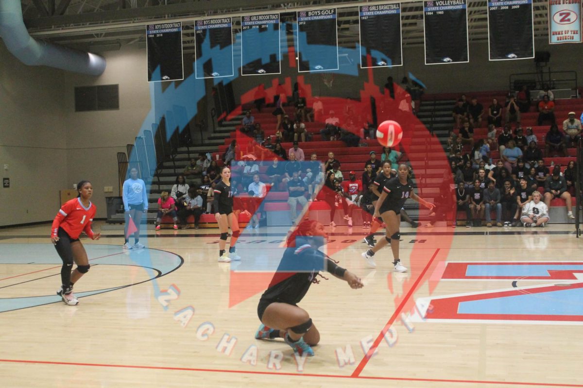 Aisa Sterling (12) drops low to her knees, sliding across the court to hit the ball before it hits the ground.